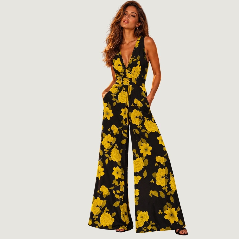 Eva Mendez Jumpsuit Women Size 6 Black Yellow Floral Wide Leg Keyhole V-Neck